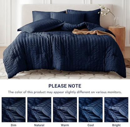 MUXHOMO 7 Pieces California King Comforter Set, Seersucker Bed in a Bag Cal King Size, All Season Luxury Bedding Set with Comforter, Flat Sheet, Fitted Sheet, Pillowcases & Shams, Navy Blue