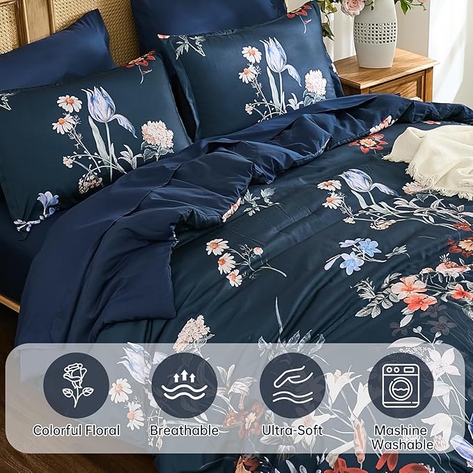 WONGS BEDDING Queen Comforter Set 7 Piece, Navy Blue Floral Bed in a Bag Bedding Set with Botanical Flowers Patterns, Soft Lightweight Complete Comforters with Sheets for All Season