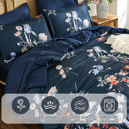 WONGS BEDDING Queen Comforter Set 7 Piece, Navy Blue Floral Bed in a Bag Bedding Set with Botanical Flowers Patterns, Soft Lightweight Complete Comforters with Sheets for All Season