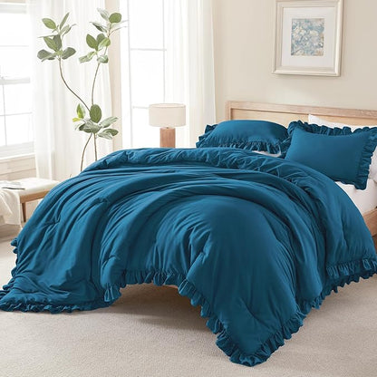 Andency Teal Ruffle Comforter King(104x90Inch), 3 Pieces(1 Ruffled Comforter and 2 Pillowcases) Solid Farmhouse Shabby Chic Bed, Vintage Rustic Soft Microfiber Bedding Set