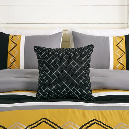 Chezmoi Collection Arden 7-Piece Modern Pleated Stripe Embroidered Zigzag Bedding Comforter Set (Oversized King, Turmeric/Black/Silver Gray/White)
