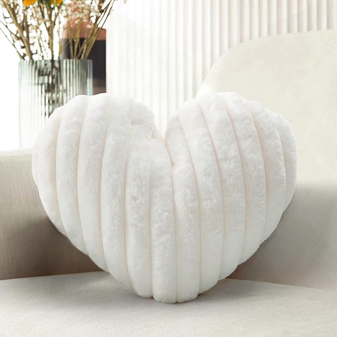 16 Inch White Heart Pillow Cute Decorative Throw Pillows, Heart Shaped Soft Fluffy Faux Fur Pillows Cushions for Couch Chair Bed Bedroom Room Home Decor Aesthetic (1, White, Medium-16 x13)