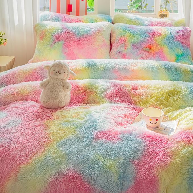 chovy Faux Fur Plush Tie-Dyed Pink Comforter Sets King - Ultra Soft Shaggy Flannel Velvet Fluffy Fuzzy 3PC Bedding Set （Comforter x 1 Pillowcases x 2）