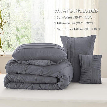 Bedsure King Comforter Set - 4 Pieces Pinch Pleat Bed Set, Dark Grey Boho Bedding for All Season, 1 Soft Comforter, 2 Pillowcases, 1 Decorative Pillow