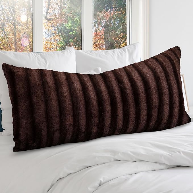 Cheer Collection Faux Fur Long Body Pillow - Accent Throw Pillow for Bed and Couch - Decorative Lumbar Pillow with Insert, Chocolate Brown (18" x 40")