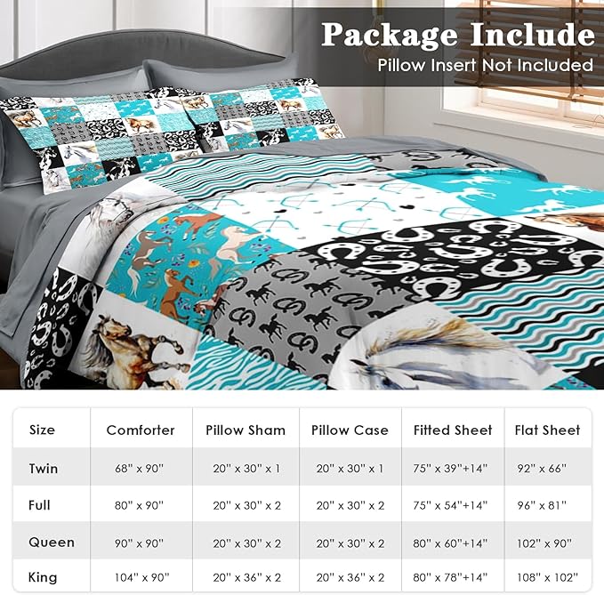 Comforter Set Queen Size, Horse Bedding for Kids and Adults, Colorful Patchwork Bed Sheet Sets with Fitted Sheet 2 Pillowcases & 2 Shams for Bedroom Bed Decor