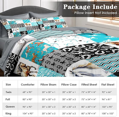 Comforter Set Twin Size, Horse Bedding for Kids and Adults, Colorful Patchwork Bed Sheet Sets with Fitted Sheet Pillowcase & Sham for Bedroom Bed Decor