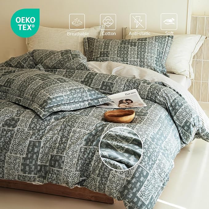 King Size Cotton Comforter Set, 3Pcs Blue Patchwork Duvet for All Seasons, Luxury Warmth Breathable Bedding Set with 1 Lightweight Comforter and 2 Pillow Shams