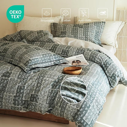 King Size Cotton Comforter Set, 3Pcs Blue Patchwork Duvet for All Seasons, Luxury Warmth Breathable Bedding Set with 1 Lightweight Comforter and 2 Pillow Shams