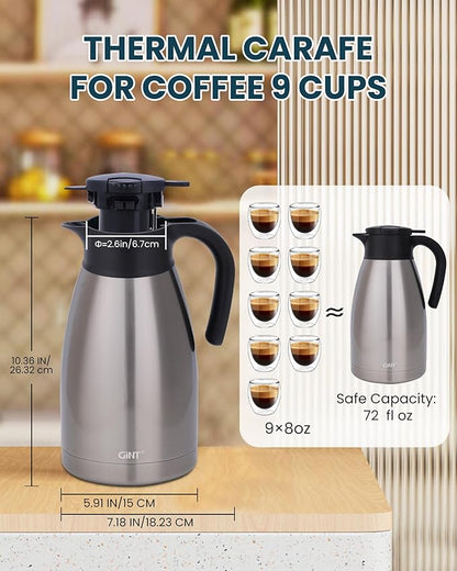 GiNT 74Oz Thermal Coffee Carafe, Insulated Stainless Steel Coffee Carafes for Keeping Hot/Double Walled Vacuum Thermal Carafe (Silver, 2.2L)