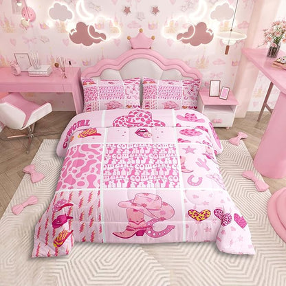 Feelyou Pink Western Decor Comforter Queen Size Wild West Cowgirl Comforter Set for Boys Girls Children Cowgirl Boots Hats Horseshoes Bedding Set Room Decor Patchwork Grid Duvet Set 3Pcs