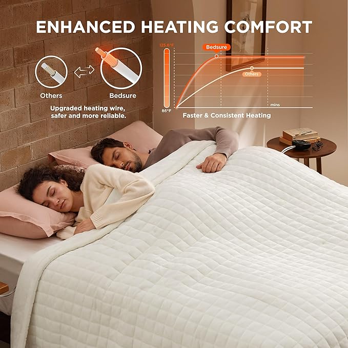 Bedsure Electric Blanket King Size - Quilted Winter Bedding of Thick Flannel, Dual Control Heated Blanket with 10 Heat & 10 Time Settings, Fast Heating for Cold Sleepers (100x90 inches, Ivory)