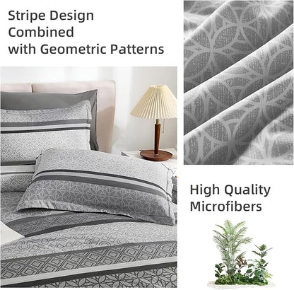 WONGS BEDDING Grey Comforter Set Queen Size, 7 Pieces Striped Bed in a Bag Comforter and Sheet Set, Bohemian Soft Lightweight Micorfiber Bedding Set for All Seaon (90"×90")