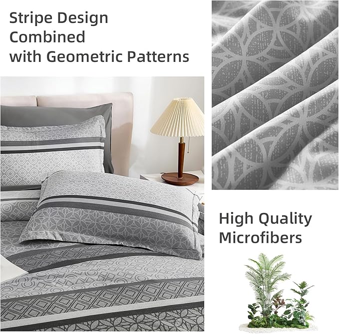 WONGS BEDDING Grey Comforter Set King Size, 7 Pieces Striped Bed in a Bag Comforter and Sheet Set, Bohemian Soft Lightweight Micorfiber Bedding Set for All Seaon (90"×104")