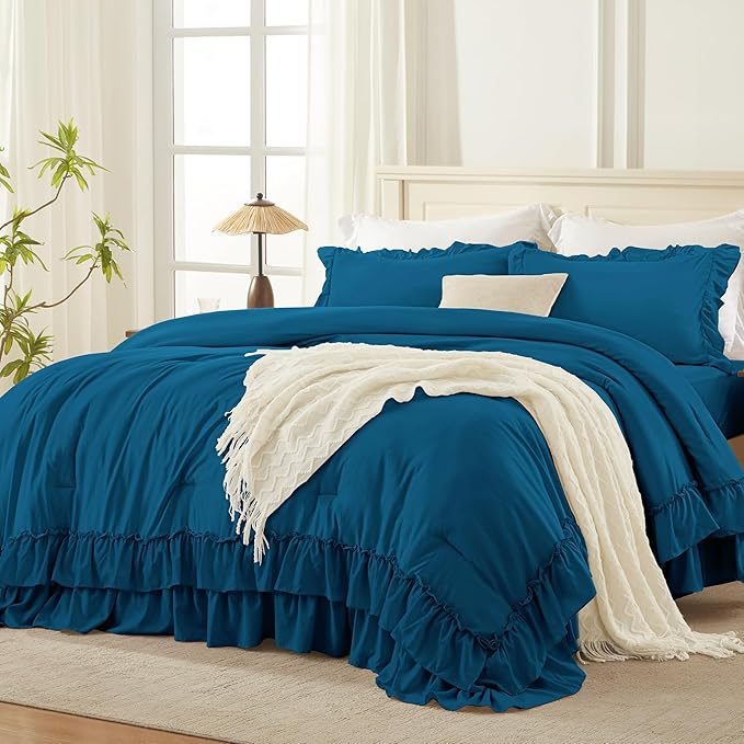 Andency Teal California King Comforter Set (104x96Inch), 3 Pieces Farmhouse Shabby Chic Ruffle Bedding Sets, Lightweight Fluffy Soft All Season Bed Set