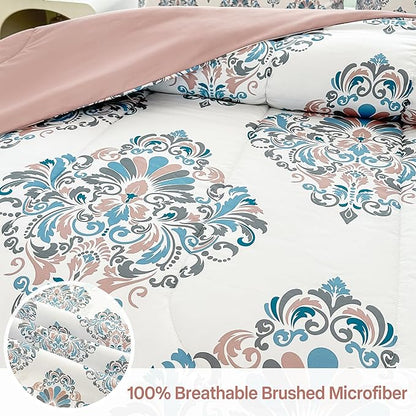Floral King Comforter Set with Sheets, 7 Piece Luxury Vintage Bedding, Soft Microfiber Bed in a Bag, Cozy Lightweight Bed Set, Damask Boho Flower