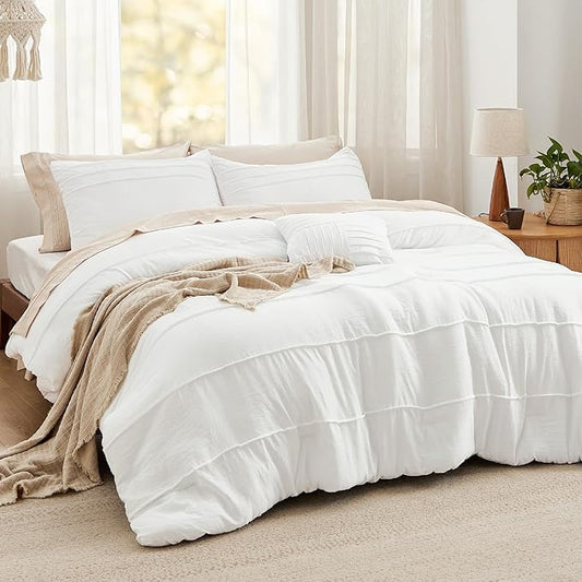 Bedsure California King Comforter Set - 4 Pieces Pinch Pleat Bed Set, White Boho Bedding for All Season, 1 Soft Comforter, 2 Pillowcases, 1 Decorative Pillow