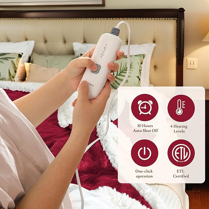 Electric Heated Blanket 72"x84" Full Size Flannel & Sherpa - 4 Heat Settings & 10H Auto Shut Off for Safe Overnight Use, Fast Heating, Machine Washable for Bed, Couch, Office - Red