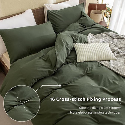 Sanracie Olive Green Queen Size Comforter Set Cotton,Dark Green Bedding Comforers Set Solid Color,3 Pieces Lightweight Aesthetic Queen Bedding Set for All Seasons