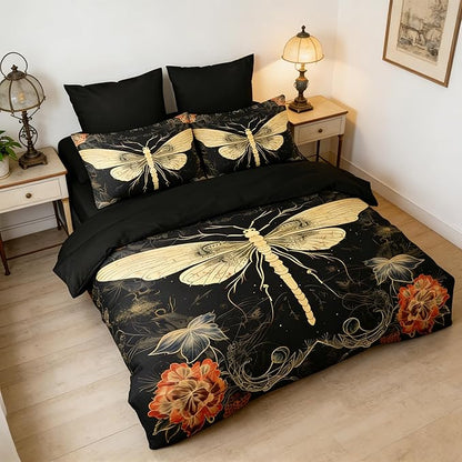 Black Boho Moth Comforter Set Full Size, Gothic Horror Bedding Set, 3 Pcs Soft Microfiber Down Alternative Comforter with 2 Pillowcases, 79"x90"