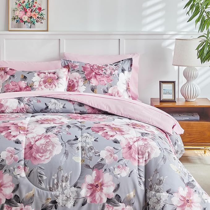 Joyreap 3pcs Floral Comforter Set Twin, Tie-dye Pink Flowers on Gray Design, Microfiber Lightweight Bedding Comforter Set for All Season- 68x88 inches
