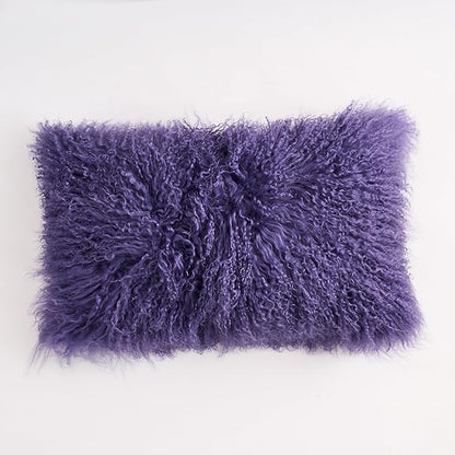 Genuine Mongolian Lamb Fur Pillow Cover – 12"x20" Rectangular Cushion Case – Soft Curly Wool Decorative Accent for Sofa, Bed, or Chair(Royal Lavender)