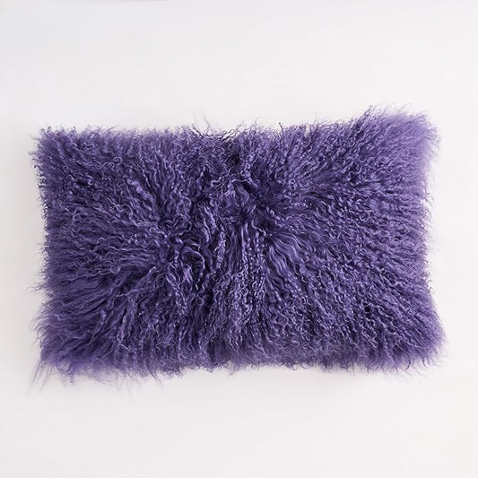 Genuine Mongolian Lamb Fur Pillow Cover – 12"x20" Rectangular Cushion Case – Soft Curly Wool Decorative Accent for Sofa, Bed, or Chair(Royal Lavender)