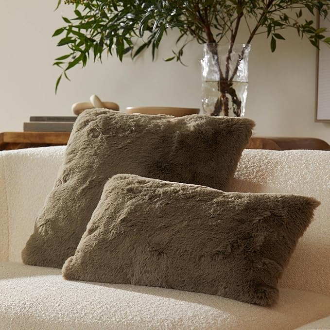 UnHide Squish - Faux Fur Pillow - Extra Soft Throw Pillow - Square Shaped Pillow, Polyester Fill - Machine Washable - Perfect for Living Room, Bedroom, or Guest Room - 20” x 20” - Greige