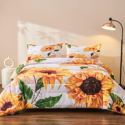 Sunflower Comforter Sets,Seamless Pattern with Hand Drawn Vibrant Yellow Watercolor Sunflowers on The Background,Decorative Bedding Comforter Sets with 2 Pillow Shams, Twin Size