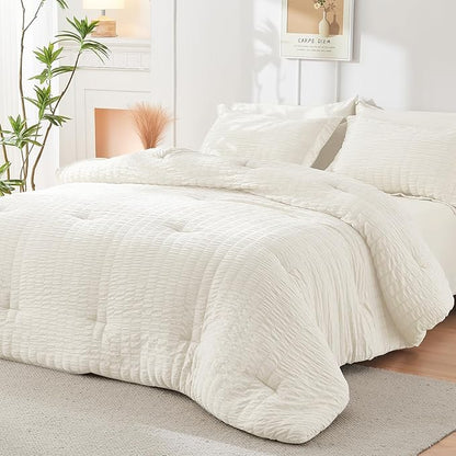 HYMOKEGE Ivory California King Comforter Set Seersucker 7 Pieces, All Season Luxury Bed in a Bag for Bedroom, Bedding Set with Comforters, Sheets, Pillowcases & Shams