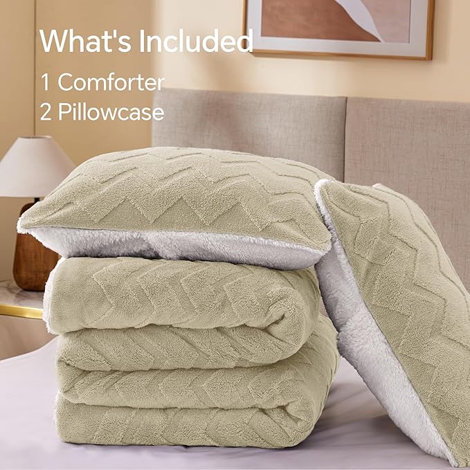 BEDELITE Fluffy Queen Comforter Set - Super Soft Sherpa Linen Comforter for Queen Size Bed, Luxury Warm Bedding Set for Winter, Fuzzy Bed Set 3 Pieces (1 Comforter, 2 Pillowcases)