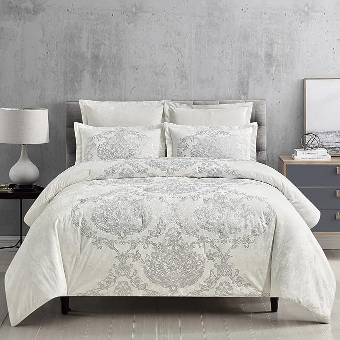 Sunshine Nicole Metallic Print Comforter Set, Distressed Velvet Face with Metallic Print and Brushed Solid Microfiber Reverse, with Light Weight Soft Poly Fill, 5 Pieces Light Ivory Silver, King