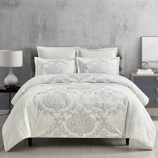 Sunshine Nicole Metallic Print Comforter Set, Distressed Velvet Face with Metallic Print and Brushed Solid Microfiber Reverse, with Light Weight Soft Poly Fill, 5 Pieces Light Ivory Silver, King