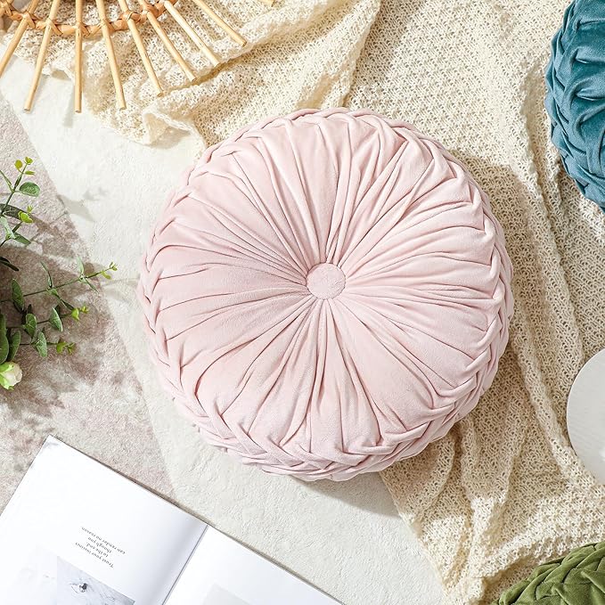 1 Pcs Round Throw Pillows Decorative Velvet Pleated Throw Pillows 15'' Diameter Accent Pumpkin Boho Chair Cushion for Couch Sofa Chair Bed Home Decoration (Pink)