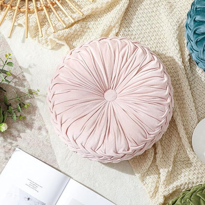 1 Pcs Round Throw Pillows Decorative Velvet Pleated Throw Pillows 15'' Diameter Accent Pumpkin Boho Chair Cushion for Couch Sofa Chair Bed Home Decoration (Pink)