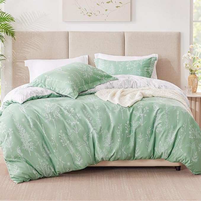 Love's cabin Sage Green Comforter Set Queen - Queen Size Comforter Set, 3 Pieces Cute Floral Bedding Sets for All Seasons,1 Soft Reversible Botanical Flowers Comforter and 2 Pillow Shams
