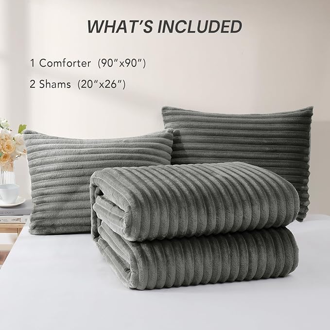 Geniospin Fleece Queen Comforter Set, Soft Fuzzy Queen Bedding Sets, 3-Pieces Gray Comforter Set for All Season, Warm Fluffy Comforter with 2 Pillow Cases