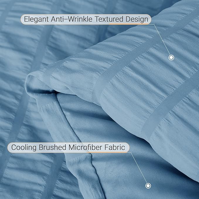 MUXHOMO 7 Pieces King Comforter Set, Seersucker Bed in a Bag King Size, All Season Luxury Bedding Set with Comforter, Flat Sheet, Fitted Sheet, Pillowcases & Shams, Mineral Blue