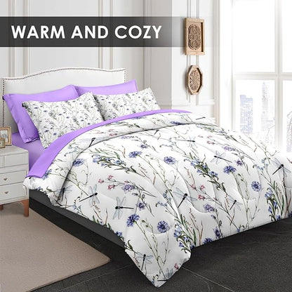 Comforter Set Twin Size, Botanical Flower Dragonfly 5 Pcs Bedding for Kids and Adults, Herb Plant Wildflowers Bed Sheet Sets with Fitted Sheet Pillowcase & Sham for Bedroom Bed Decor