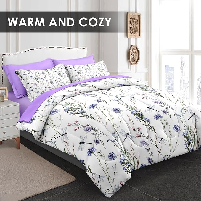 Comforter Set Queen Size, Botanical Flower Dragonfly 7 Pcs Bedding for Kids and Adults, Herb Plant Wildflowers Bed Sheet Sets with Fitted Sheet 2 Pillowcases & 2 Shams for Bedroom Bed Decor