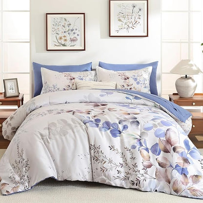 Xruibed Beige Comforter Set King Size 7 Pieces Bed in a Bag, Botanical Floral Print Bed Sets, Flower Comforter with Sheet Set, Soft Microfiber Neutral Bedding Set for All Season (Beige, 104"x90")