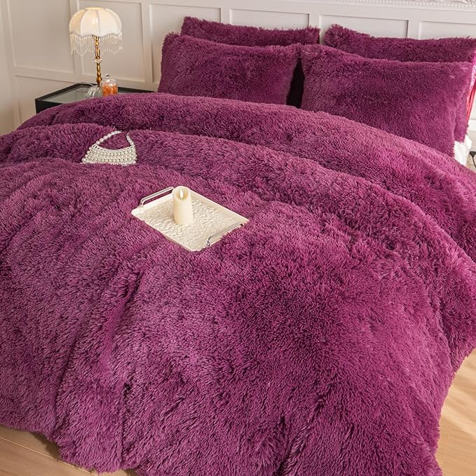 chovy Faux Fur Plush Grape Purple Comforter Sets King - Ultra Soft Shaggy Flannel Velvet Fluffy Fuzzy 3PC Bedding Set （Comforter x 1 Pillowcases x 2）