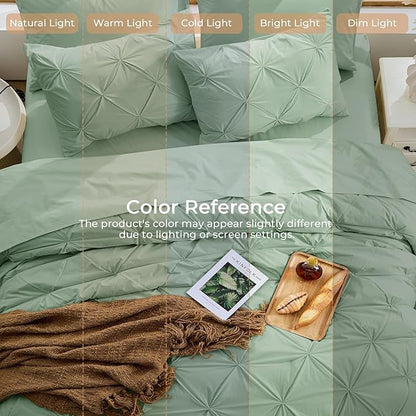 Sasttie California King Comforter Set, 7-Piece Bed in a Bag Cal King, Pintuck Bedding Set for All Season, Includes Comforter, Flat Sheet, Fitted Sheet, Pillowcases and Pillowshams, Sage Green
