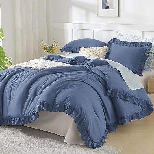 Andency Ocean Blue King Size Comforter Set, 3 Pieces Solid Farmhouse Shabby Chic Bedding Comforters & Sets, All Season Western Rustic Soft Down Alternative Bed Set for Adult Men Women