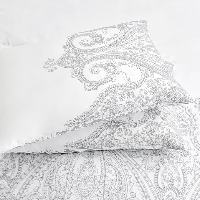 Sunshine Nicole Reversible Comforter Set, Brushed Microfiber Fabric with Embroidery for Front and Printed Microfiber Fabric for Reverse, 3 Pieces Grey White King