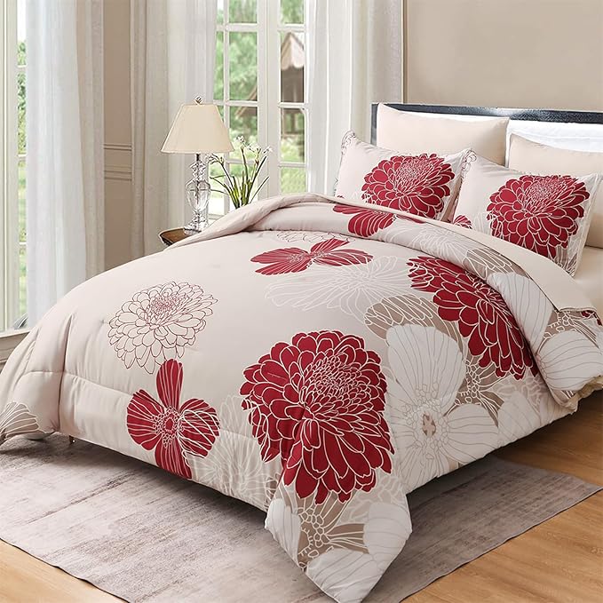 Yiran 7 Pieces King Comforter Set Red Floral Bed in a Bag Soft Microfiber Bedding Set 104"×90"(1 Comforter 1 Flat Sheet 1 Fitted Sheet 2 Pillowshams 2 Pillowcases)