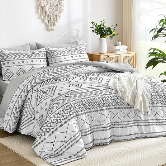 Yiran Boho Full Size Comforter Set, White Aztec Comforter Bedding Set, 7 Piece Bed in a Bag, Soft Microfiber Bohemian Striped Complete Bedding Set with Sheets for All Season