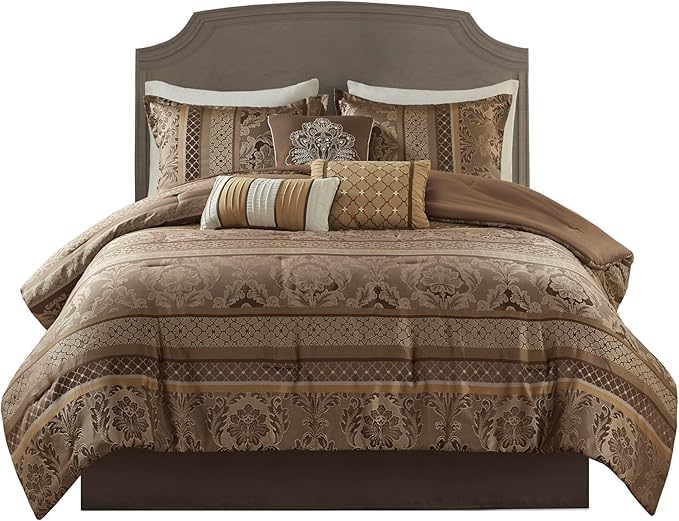 Madison Park Bellagio Cozy Comforter Set - Luxurious Jaquard Traditional Damask Design, All Season Down Alternative Bedding with Matching Shams, Decorative Pillow, King(104"x92"), Brown/Gold 7 Piece