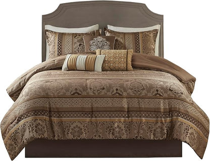 Madison Park Bellagio Cozy Comforter Set - Luxurious Jaquard Traditional Damask Design, All Season Down Alternative Bedding with Matching Shams, Decorative Pillow, King(104"x92"), Brown/Gold 7 Piece