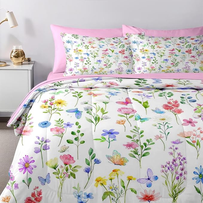 Nesker 7 Pcs Spring Comforter Set Queen Size, Pastel Floral Bedding Set for Kids and Adults, Colorful Pink Butterfly Bed Sheet Sets with Fitted Sheet 2 Pillowcases & 2 Shams